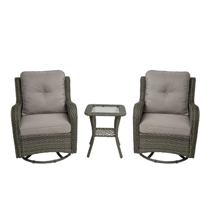Ensemble de 3 chaises pivotantes à bascule rembourrées en rotin pour patio avec table d'appoint