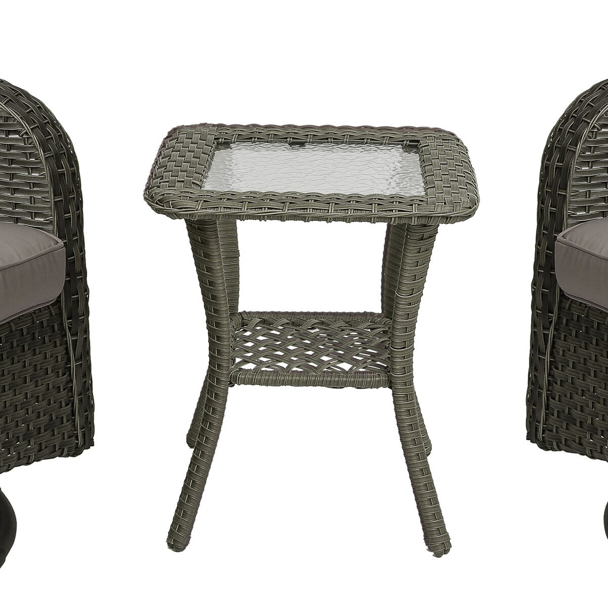 Ensemble de 3 chaises pivotantes à bascule rembourrées en rotin pour patio avec table d'appoint