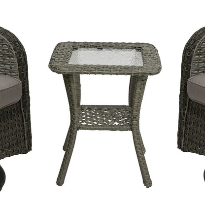 Ensemble de 3 chaises pivotantes à bascule rembourrées en rotin pour patio avec table d'appoint