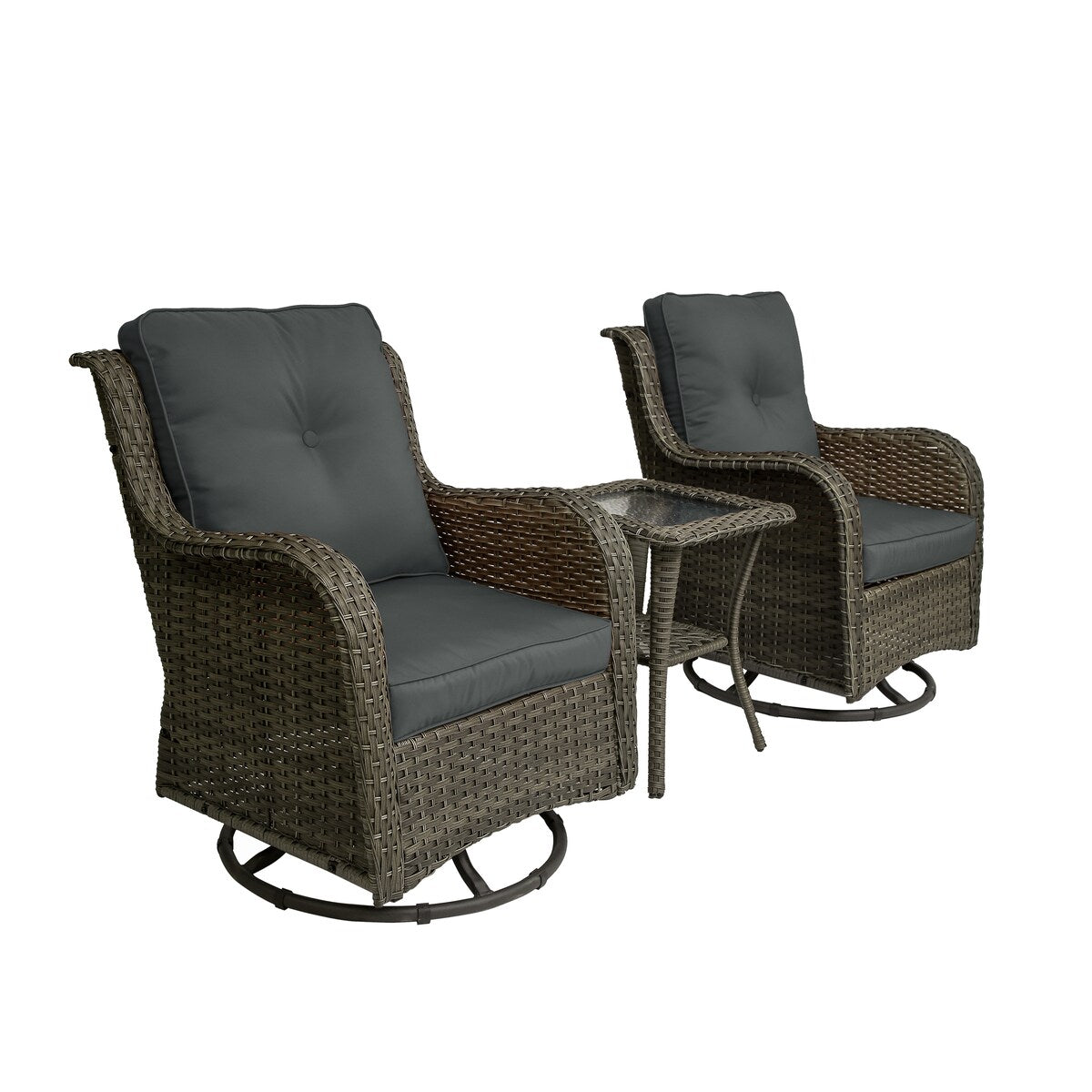 Ensemble de 3 chaises pivotantes à bascule rembourrées en rotin pour patio avec table d'appoint