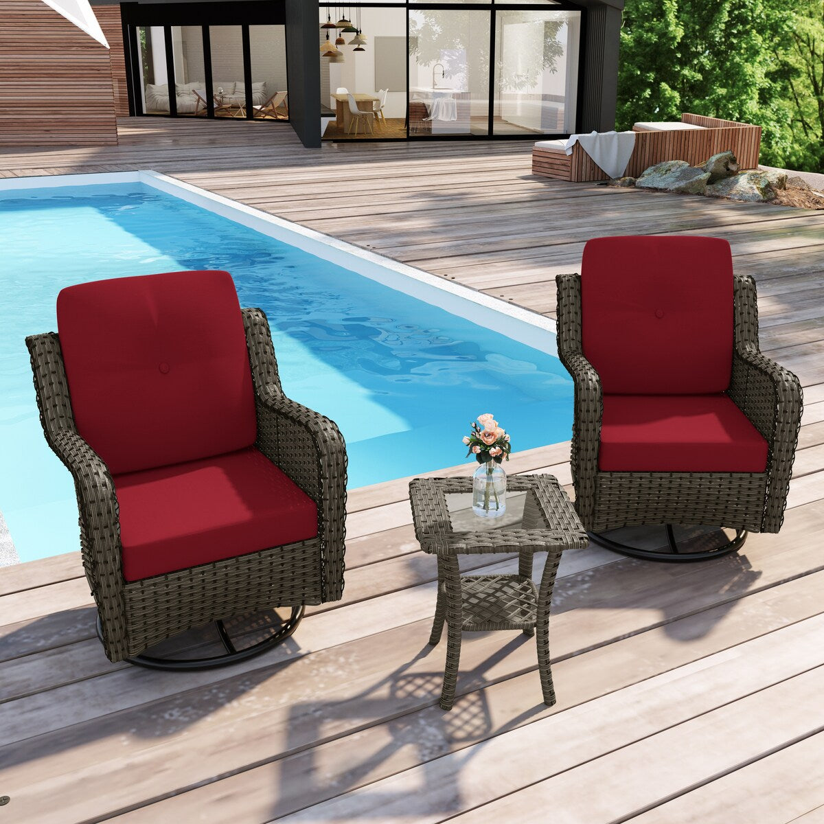 Ensemble de 3 chaises pivotantes à bascule rembourrées en rotin pour patio avec table d'appoint