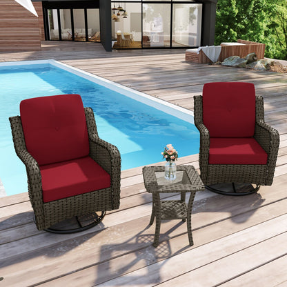 Ensemble de 3 chaises pivotantes à bascule rembourrées en rotin pour patio avec table d'appoint