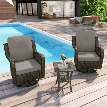 Ensemble de 3 chaises pivotantes à bascule rembourrées en rotin pour patio avec table d'appoint