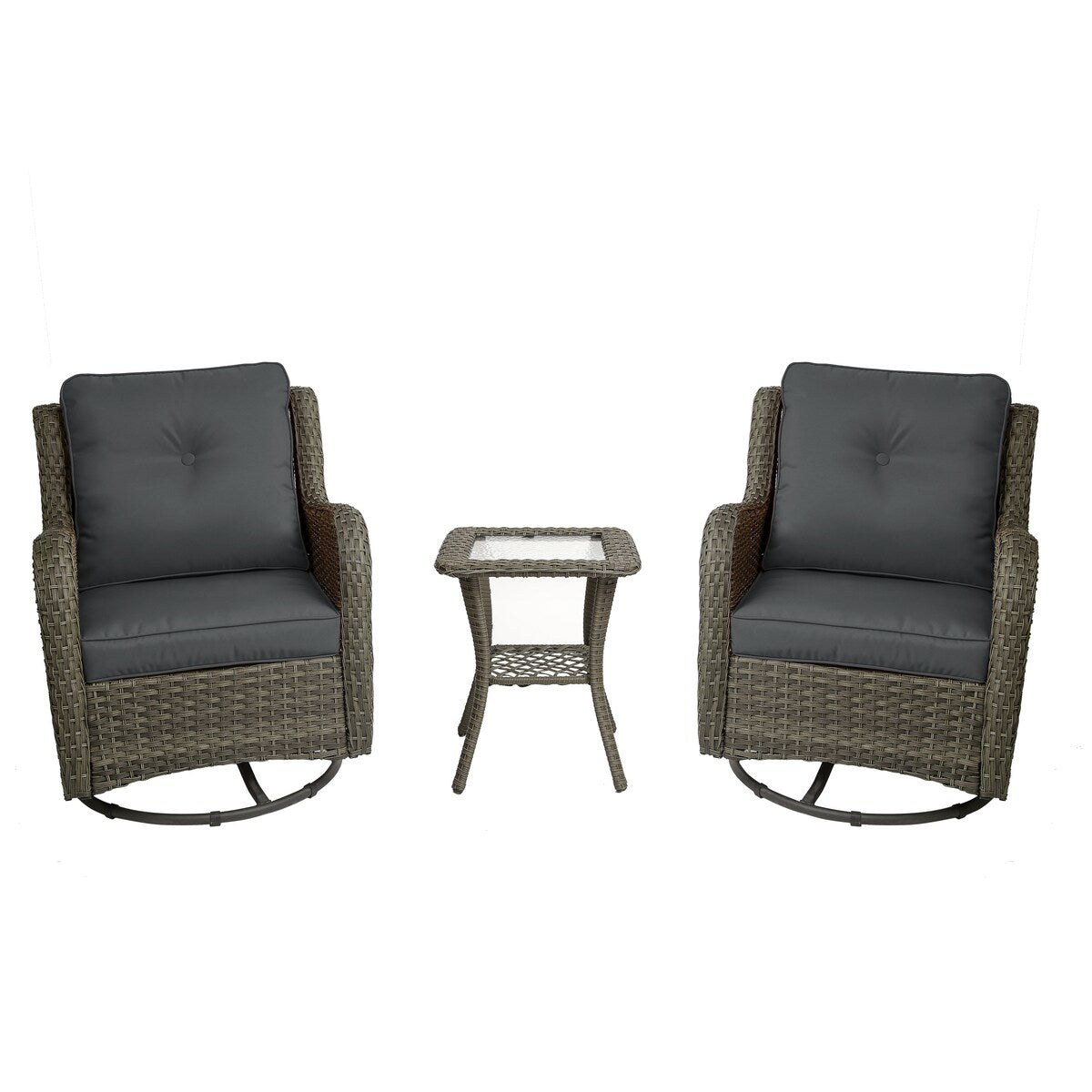 Ensemble de 3 chaises pivotantes à bascule rembourrées en rotin pour patio avec table d'appoint