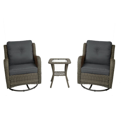 Ensemble de 3 chaises pivotantes à bascule rembourrées en rotin pour patio avec table d'appoint