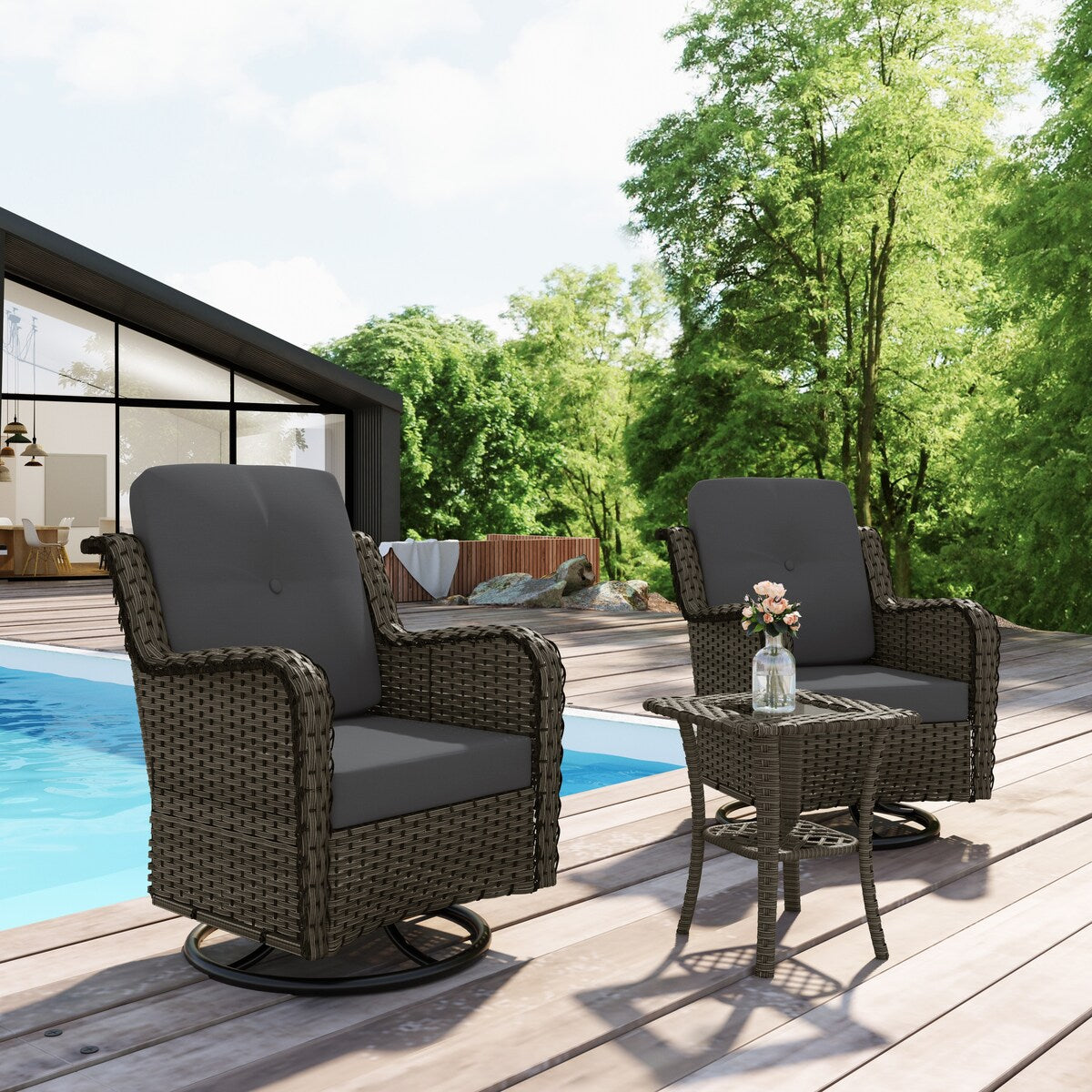 Ensemble de 3 chaises pivotantes à bascule rembourrées en rotin pour patio avec table d'appoint