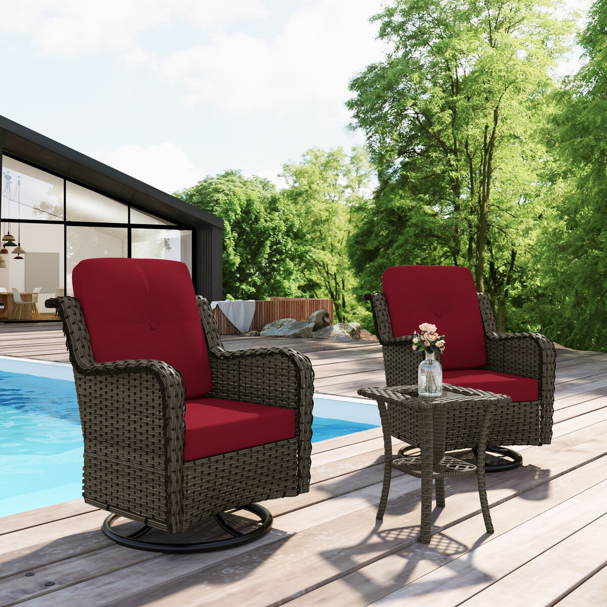 Ensemble de 3 chaises pivotantes à bascule rembourrées en rotin pour patio avec table d'appoint