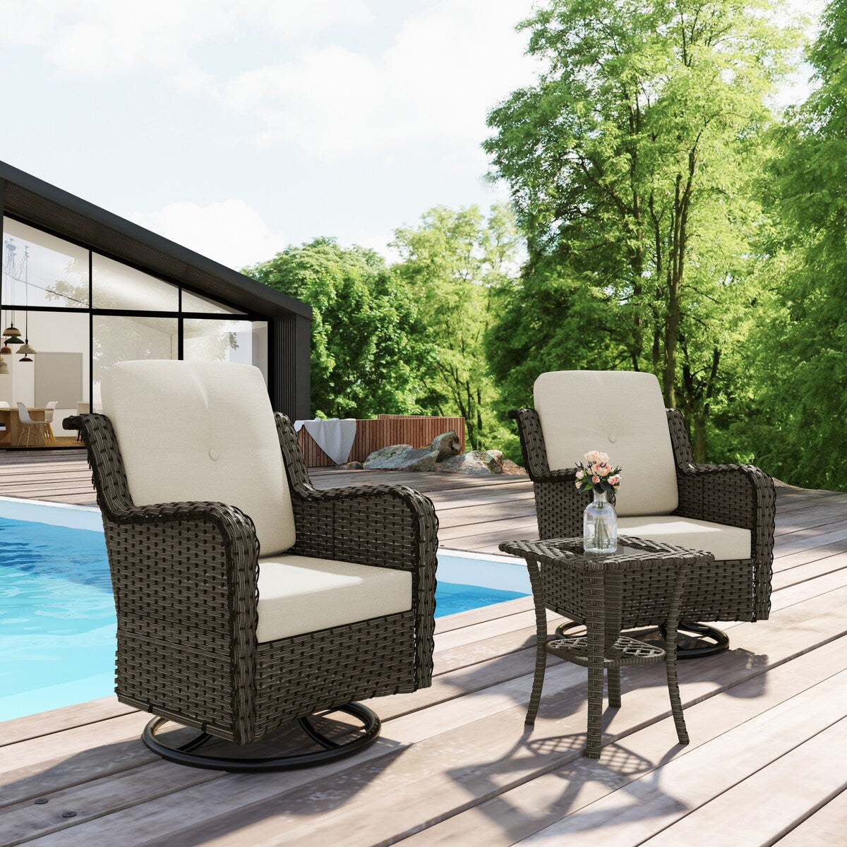 Ensemble de 3 chaises pivotantes à bascule rembourrées en rotin pour patio avec table d'appoint