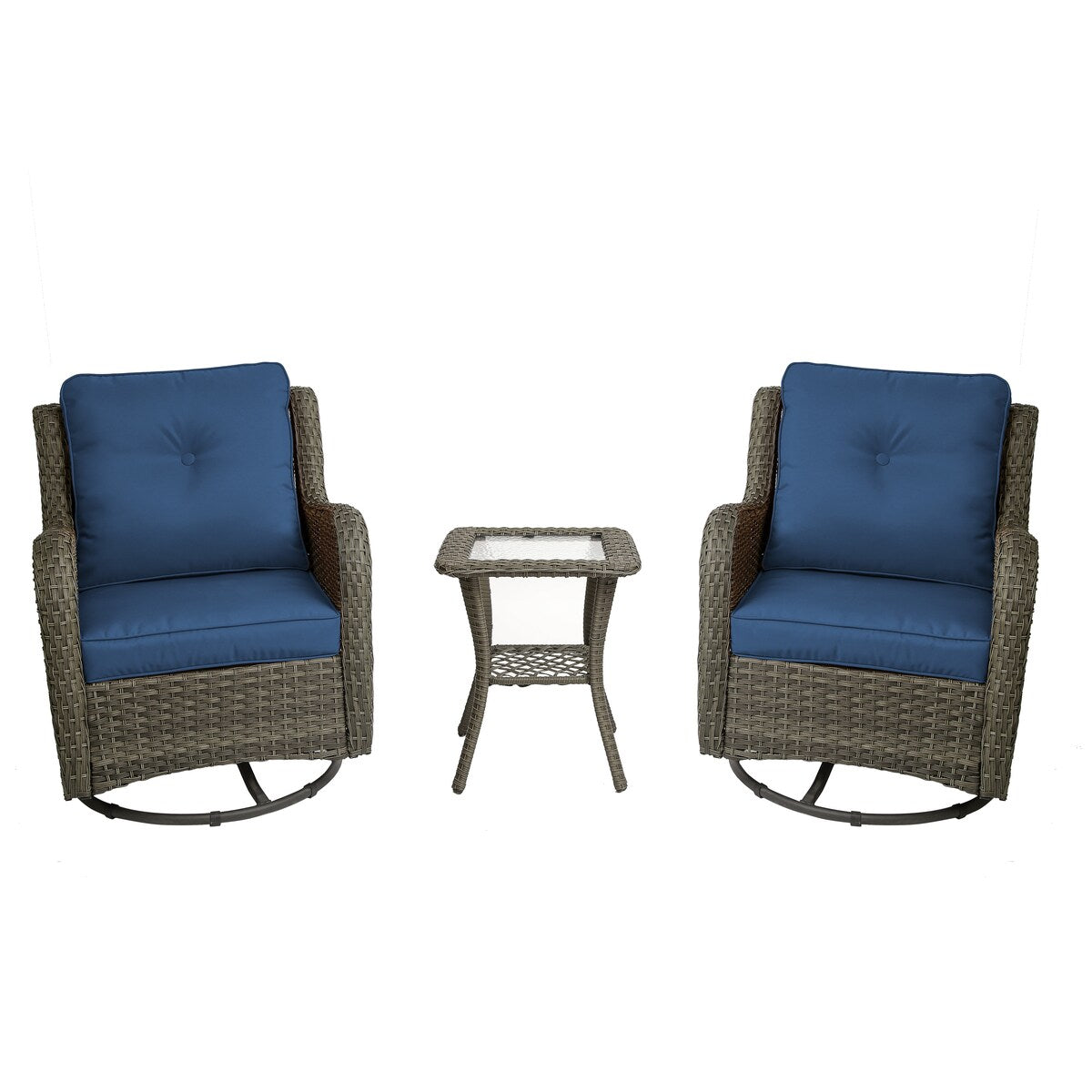 Ensemble de 3 chaises pivotantes à bascule rembourrées en rotin pour patio avec table d'appoint
