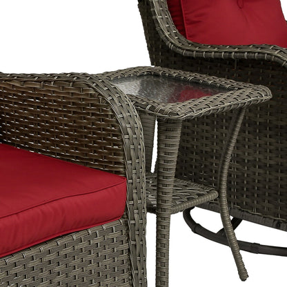 Ensemble de 3 chaises pivotantes à bascule rembourrées en rotin pour patio avec table d'appoint