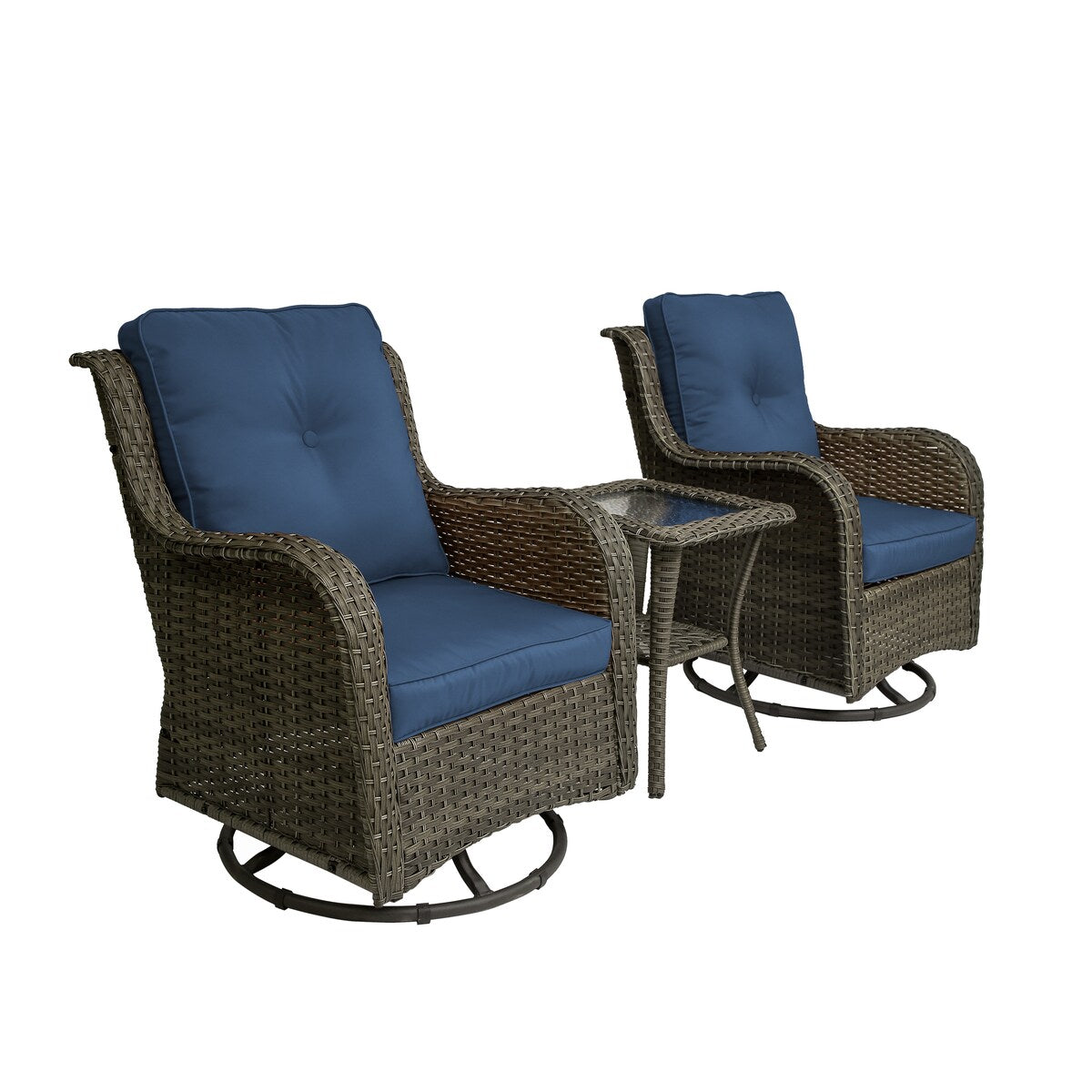 Ensemble de 3 chaises pivotantes à bascule rembourrées en rotin pour patio avec table d'appoint