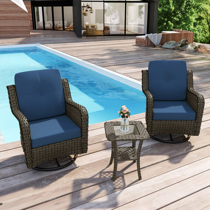 Ensemble de 3 chaises pivotantes à bascule rembourrées en rotin pour patio avec table d'appoint