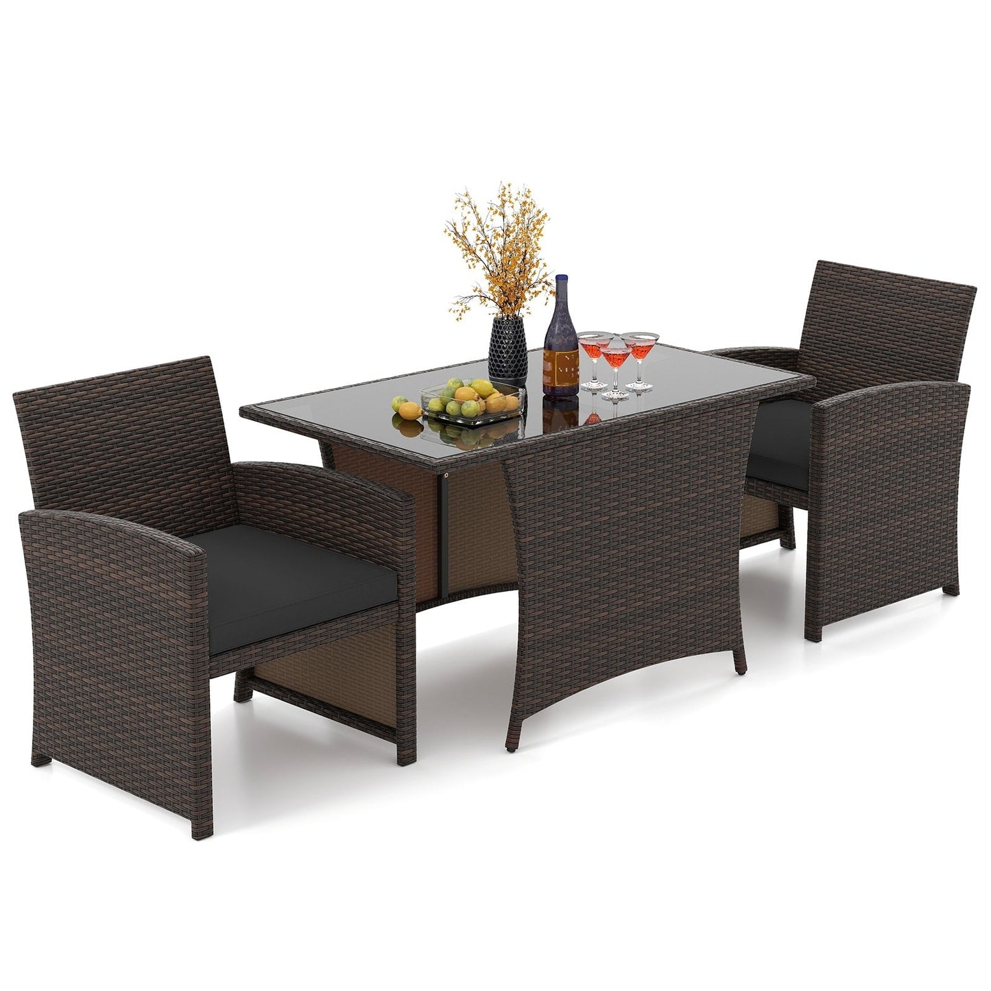 Ensemble de salle à manger 3 pièces en osier avec table en verre et chaises rembourrées - 25 x 23,5 x 31