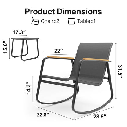 Ensemble bistrot à bascule 3 pièces, mobilier de jardin en tissu textilène, chaises à bascule pour porche