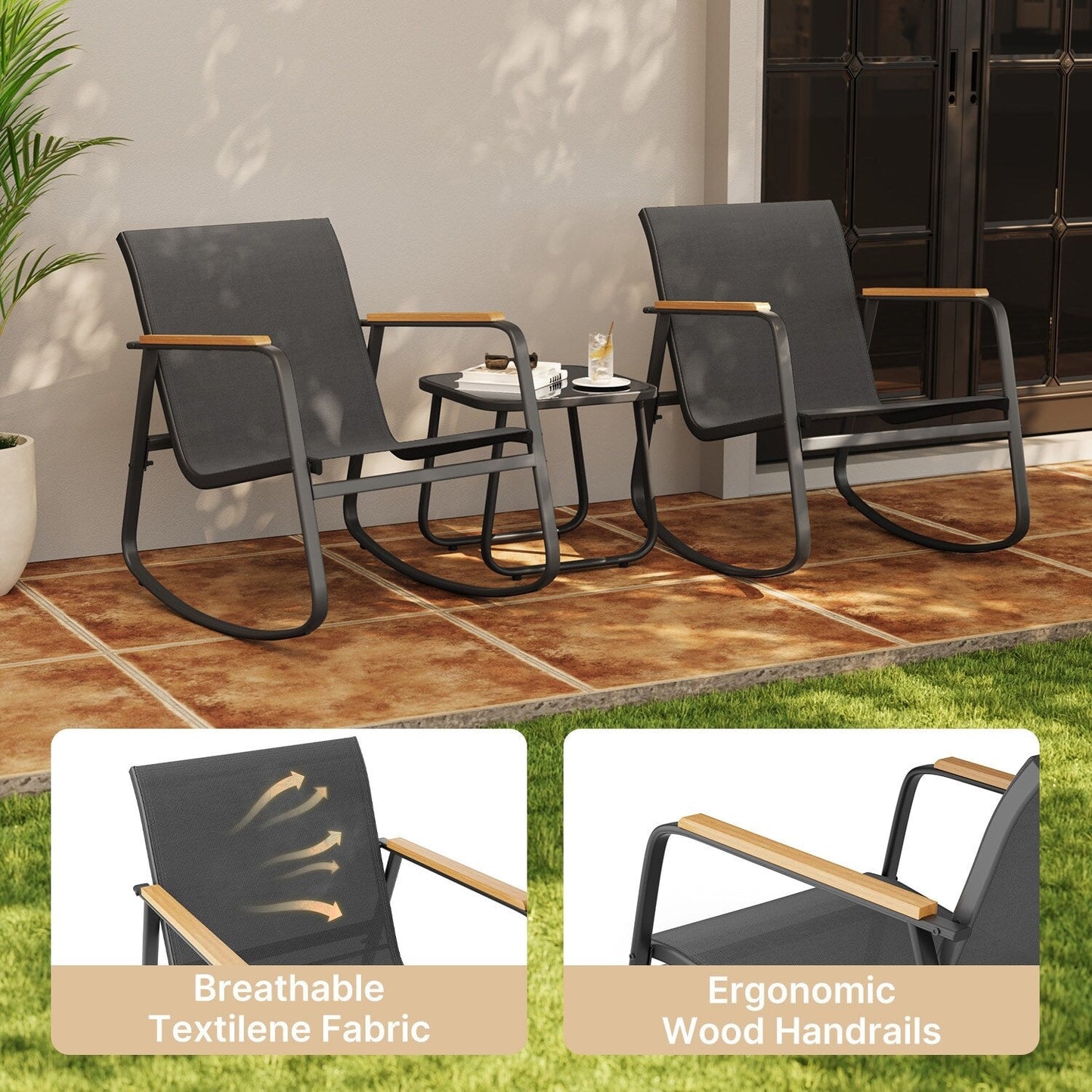 Ensemble bistrot à bascule 3 pièces, mobilier de jardin en tissu textilène, chaises à bascule pour porche
