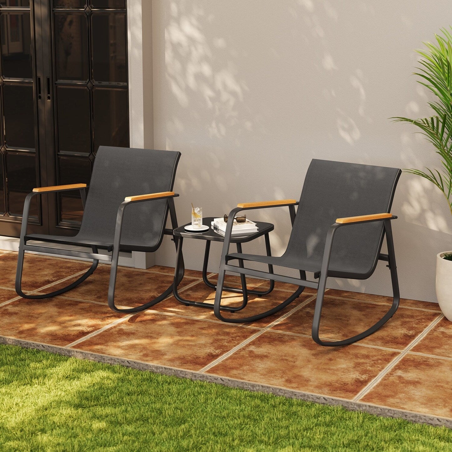 Ensemble bistrot à bascule 3 pièces, mobilier de jardin en tissu textilène, chaises à bascule pour porche