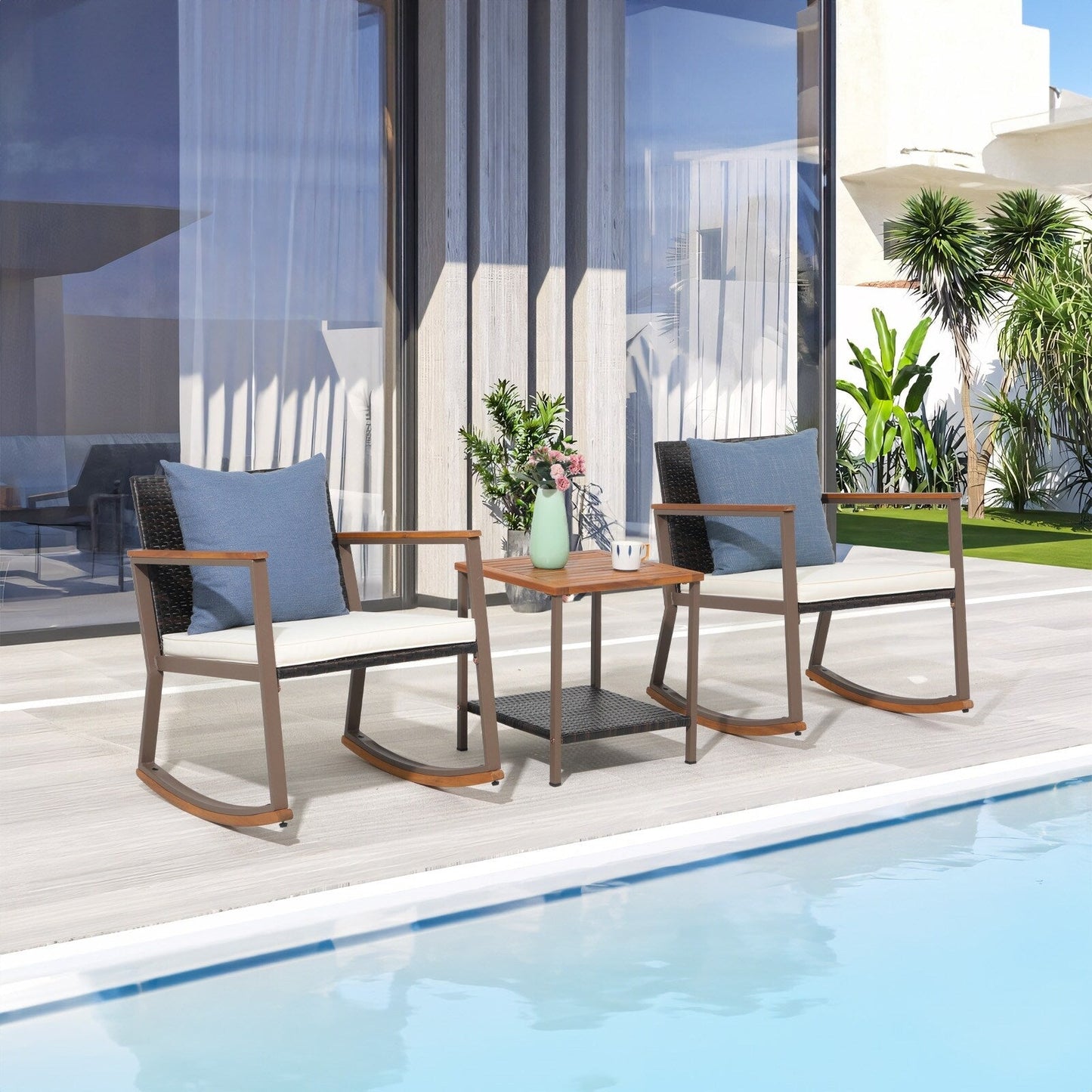 Ensemble de 3 chaises à bascule pour patio, bistro, balcon, conversation, avec table basse et coussins
