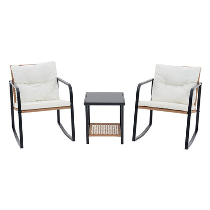 Ensemble de 3 chaises à bascule pour patio, bistro, balcon, conversation, avec table basse et coussins