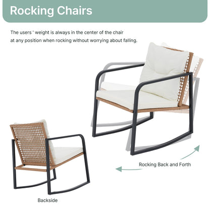 Ensemble de 3 chaises à bascule pour patio, bistro, balcon, conversation, avec table basse et coussins