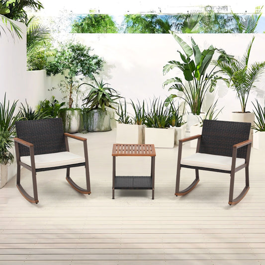 Ensemble de 3 chaises à bascule pour patio, bistro, balcon, conversation, avec table basse et coussins