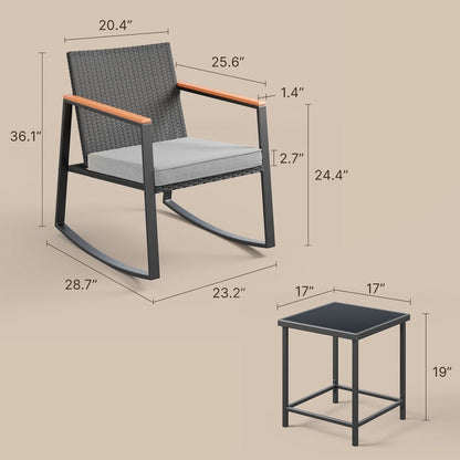 Ensemble bistrot à bascule 3 pièces en osier, avec chaises à bascule et table en verre