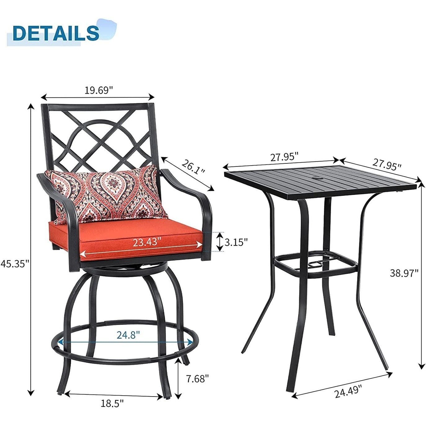 Ensemble bistrot pivotant en métal pour terrasse extérieure, 3 pièces