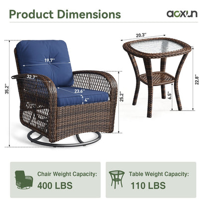 Ensemble de meubles de patio 3 pièces, ensemble de 2 chaises pivotantes à bascule