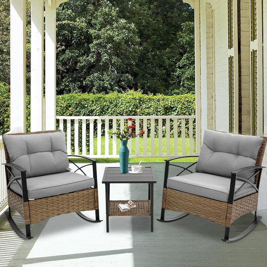Ensemble de jardin 3 pièces en rotin à bascule avec coussins : 1 table et 2 chaises à bascule