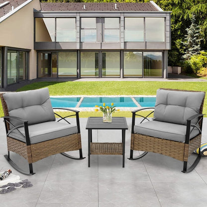 Ensemble de jardin 3 pièces en rotin à bascule avec coussins : 1 table et 2 chaises à bascule