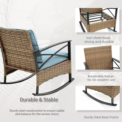 Ensemble de jardin 3 pièces en rotin à bascule avec coussins : 1 table et 2 chaises à bascule