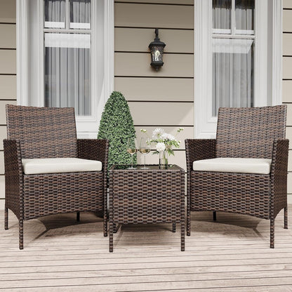 Ensemble de 3 chaises en rotin et osier avec table basse en verre
