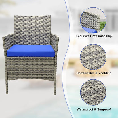 Ensemble de 3 chaises en rotin et osier avec table basse en verre