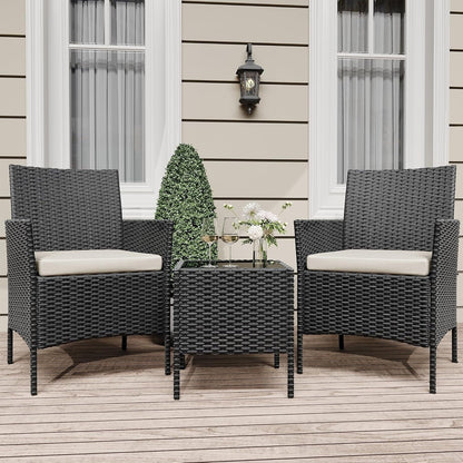 Ensemble de 3 chaises en rotin et osier avec table basse en verre