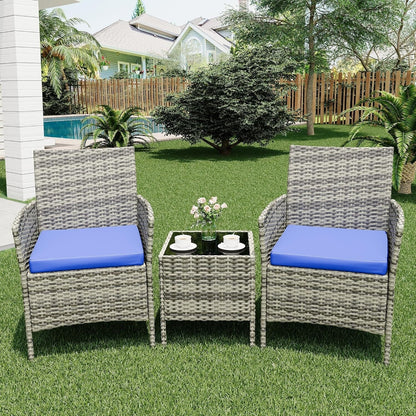 Ensemble de 3 chaises en rotin et osier avec table basse en verre