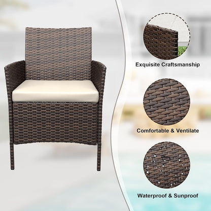 Ensemble de 3 chaises en rotin et osier avec table basse en verre