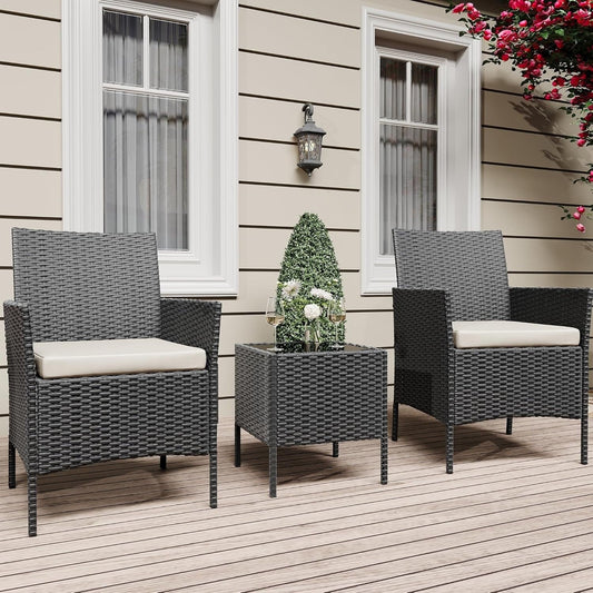 Ensemble de 3 chaises en rotin et osier avec table basse en verre