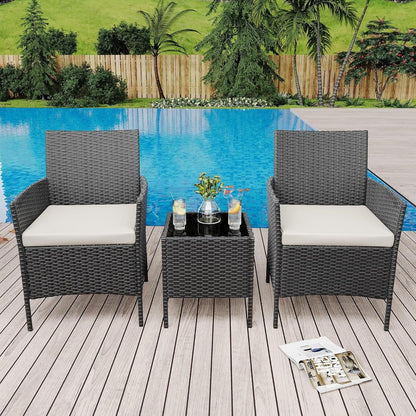 Ensemble de 3 chaises en rotin et osier avec table basse en verre