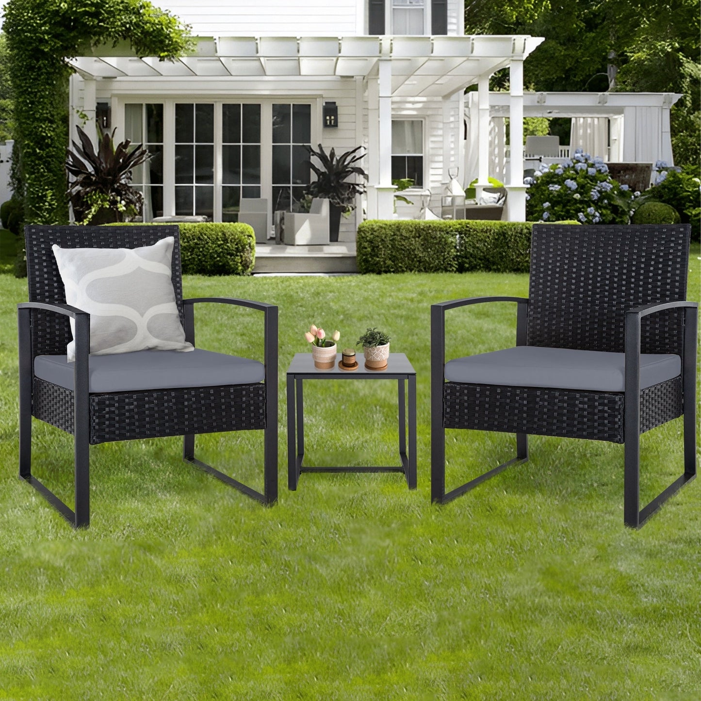 Ensemble de 3 chaises de jardin en osier avec coussins
