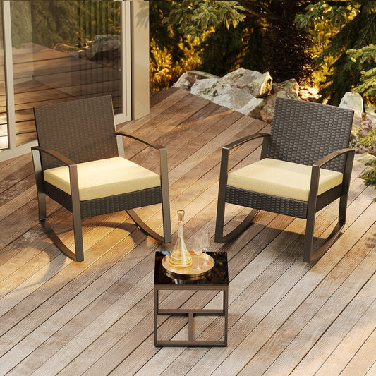 Ensemble de patio en osier 3 pièces avec coussin Ensemble de chaises d'extérieur avec table en verre Chaise en rotin Ensemble de bistrot moderne
