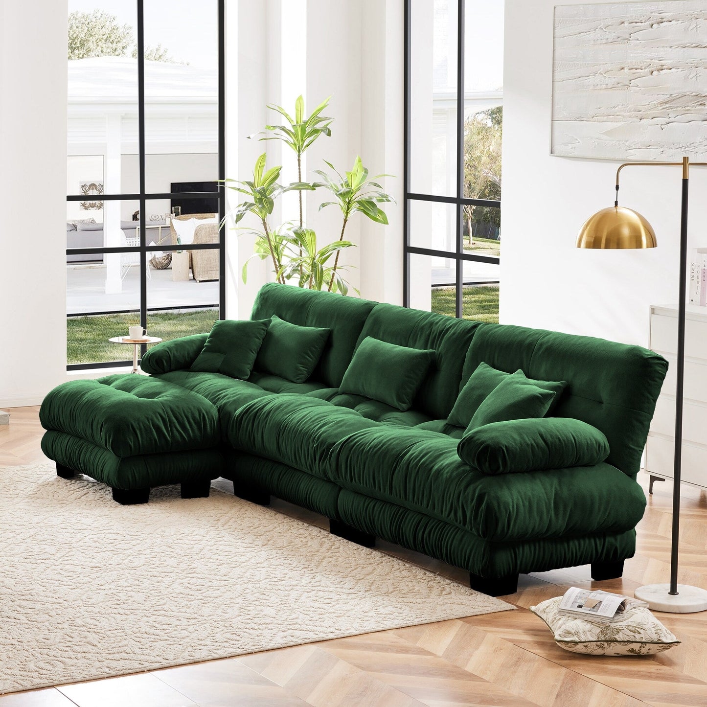 Canapé sectionnel modulaire 3 places, canapé à assise profonde, canapé nuage en forme de L avec pouf convertible pour le salon