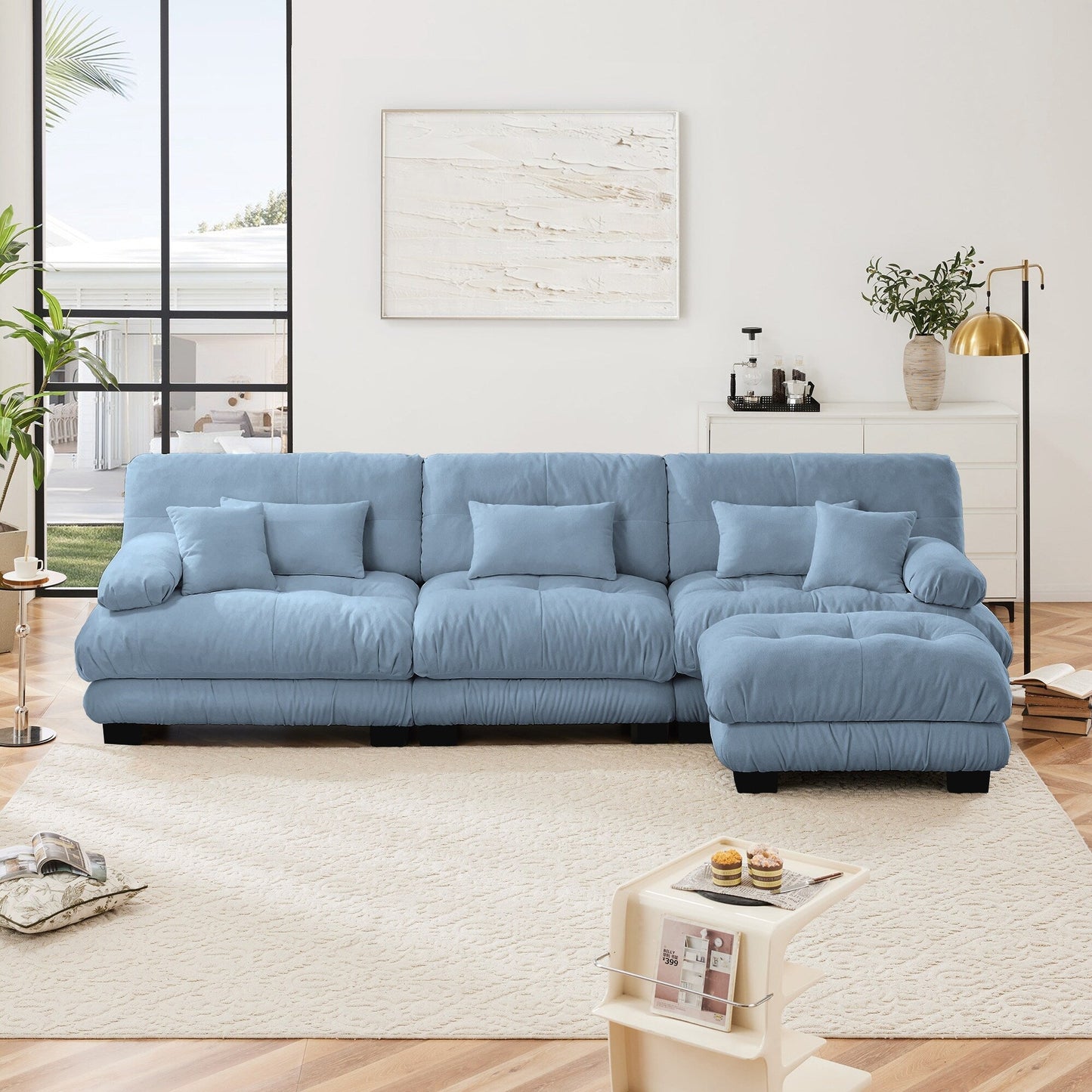 Canapé sectionnel modulaire 3 places, canapé à assise profonde, canapé nuage en forme de L avec pouf convertible pour le salon