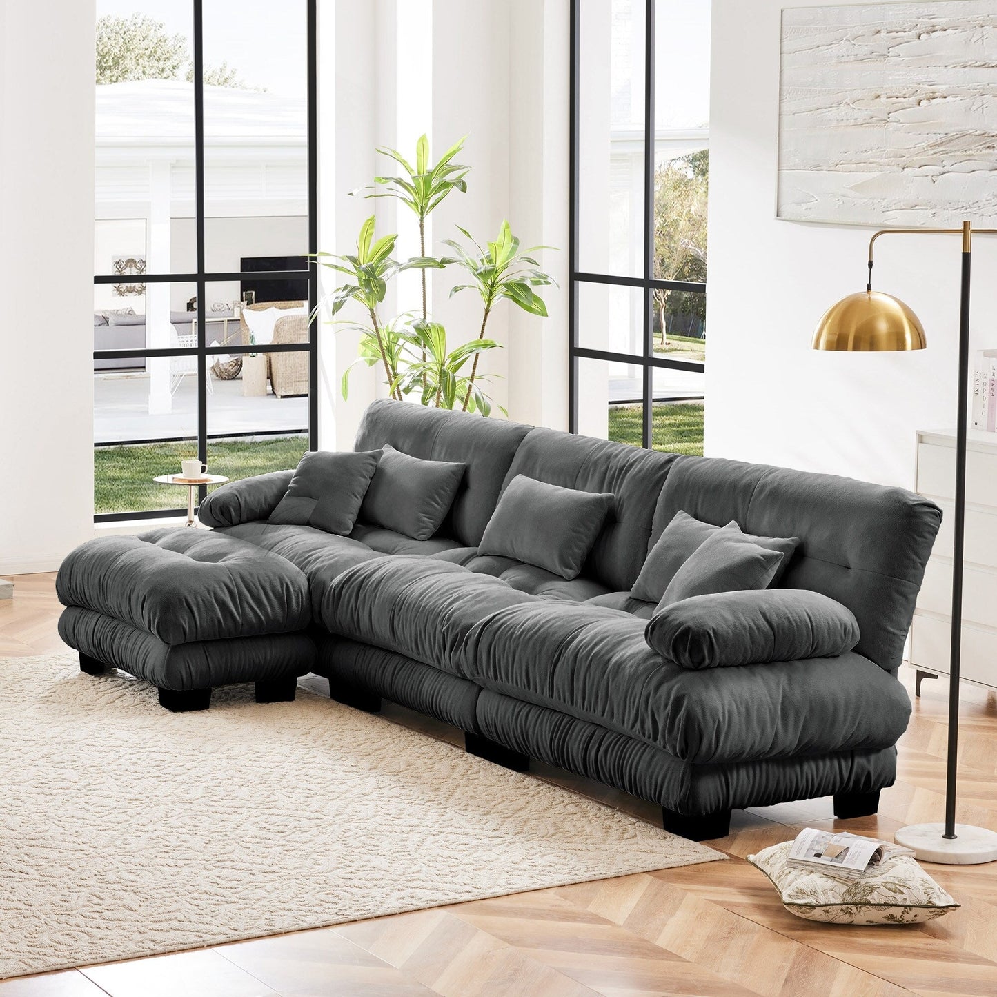 Canapé sectionnel modulaire 3 places, canapé à assise profonde, canapé nuage en forme de L avec pouf convertible pour le salon