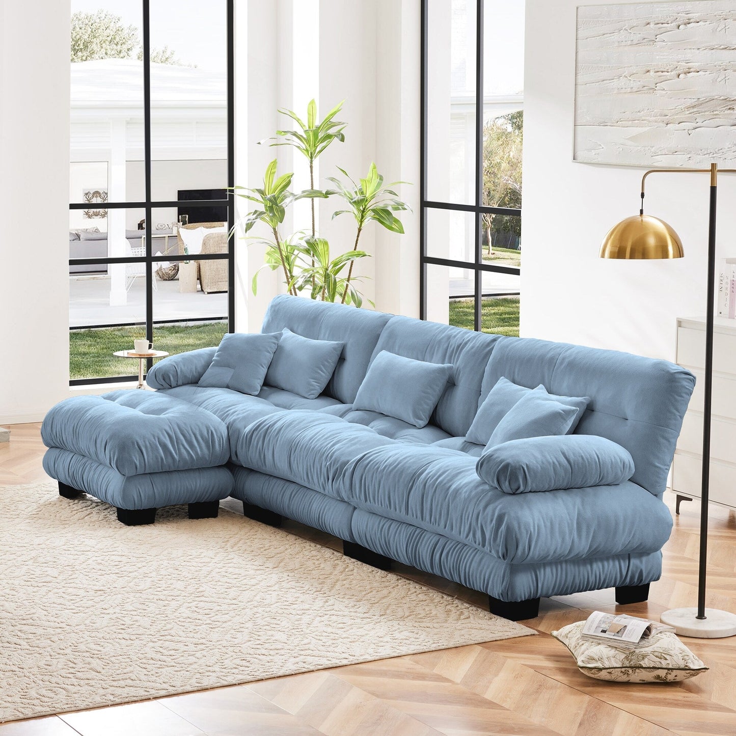 Canapé sectionnel modulaire 3 places, canapé à assise profonde, canapé nuage en forme de L avec pouf convertible pour le salon