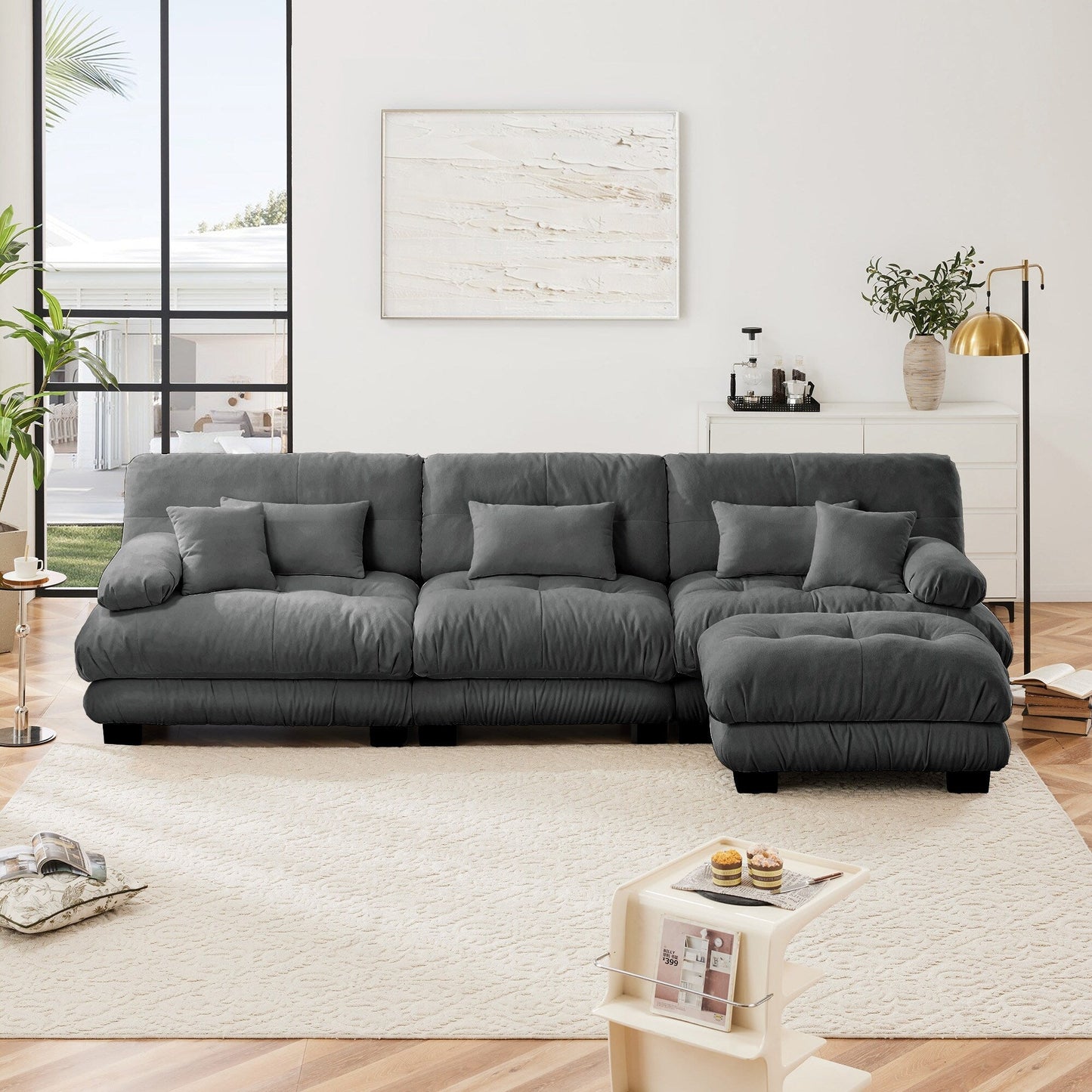 Canapé sectionnel modulaire 3 places, canapé à assise profonde, canapé nuage en forme de L avec pouf convertible pour le salon