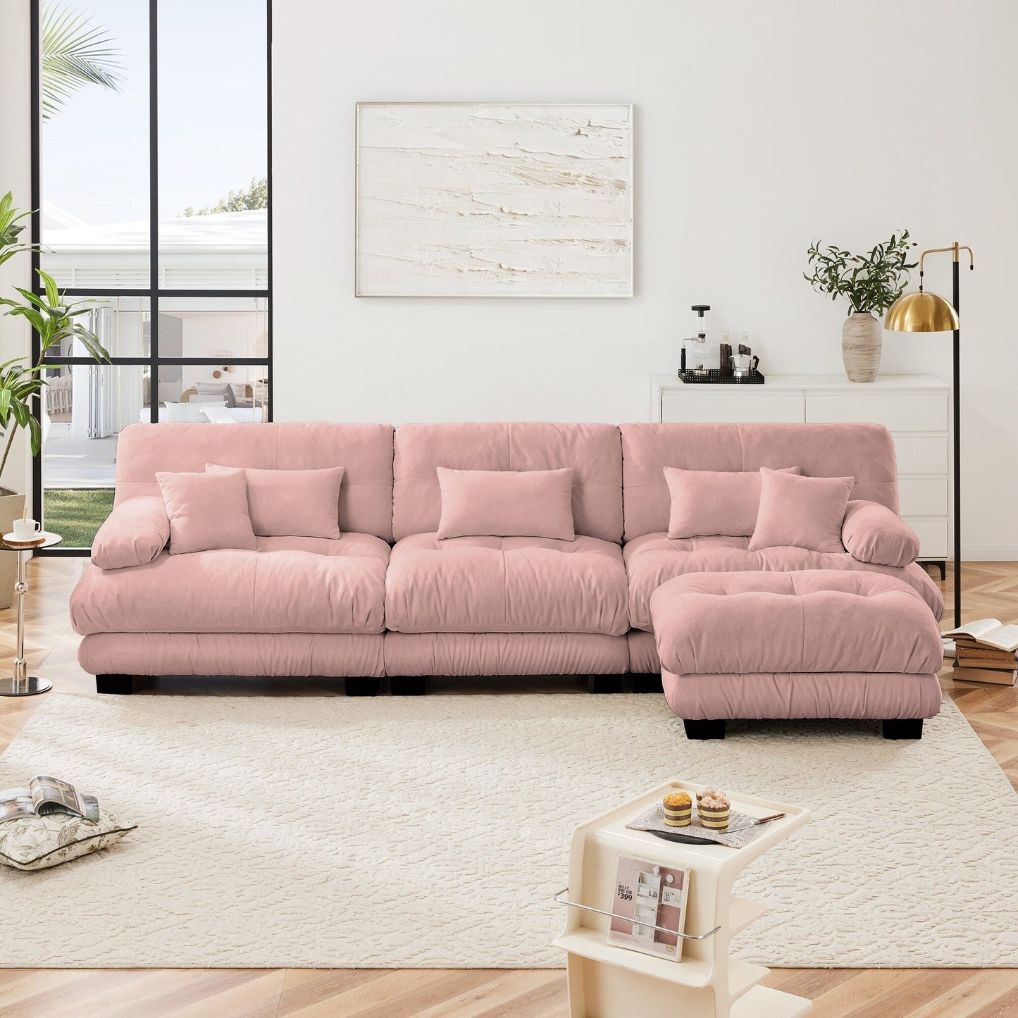 Canapé sectionnel modulaire 3 places, canapé à assise profonde, canapé nuage en forme de L avec pouf convertible pour le salon