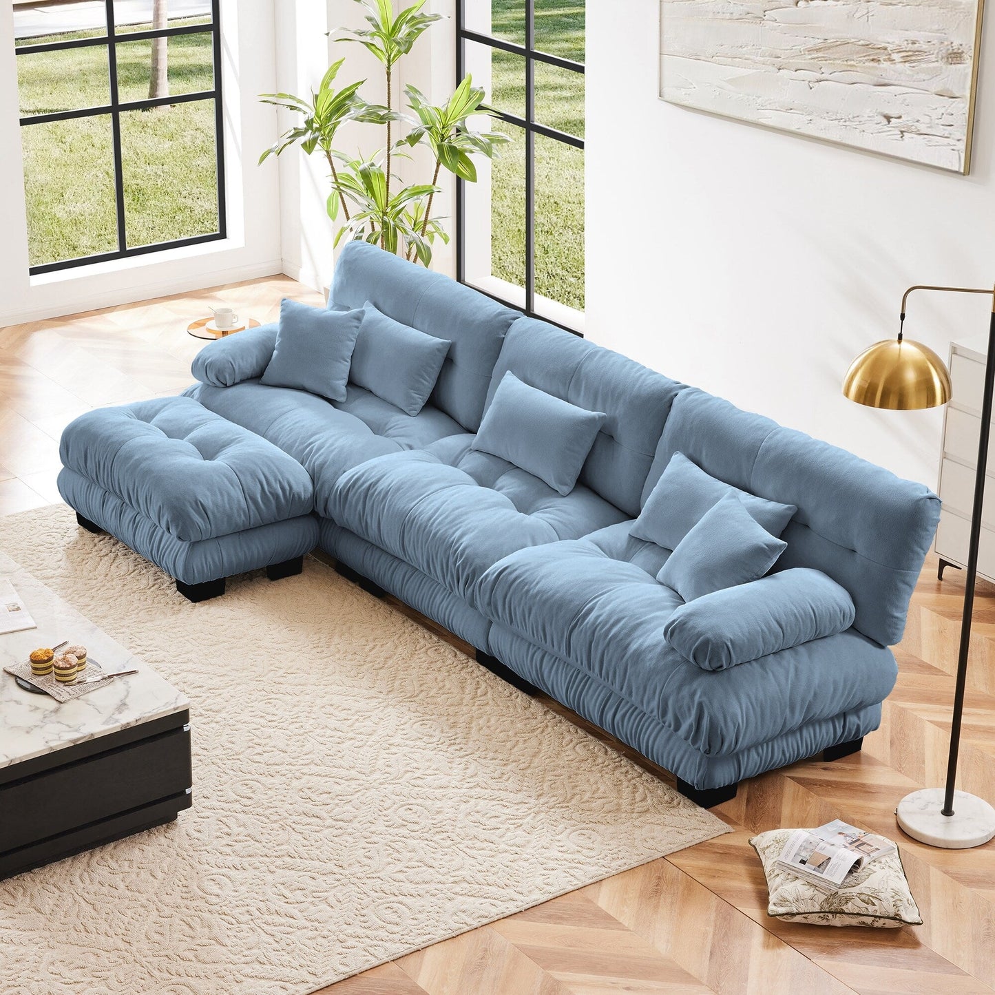 Canapé sectionnel modulaire 3 places, canapé à assise profonde, canapé nuage en forme de L avec pouf convertible pour le salon