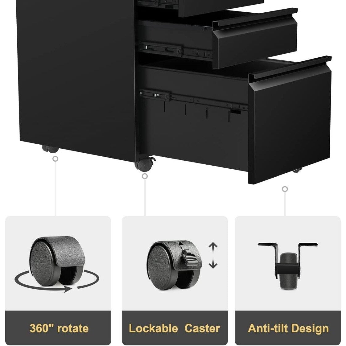 Classeur métallique verrouillable à 3 tiroirs pour bureau à domicile, armoire roulante entièrement assemblée