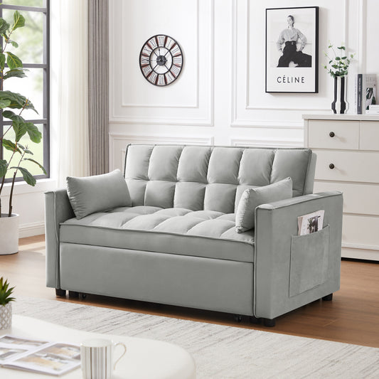 Canapé-lit futon 3 en 1 moderne en velours avec coussins et poches, gris