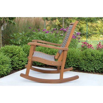 Ensemble de 3 chaises à bascule Eilaf en eucalyptus avec table d'appoint ronde