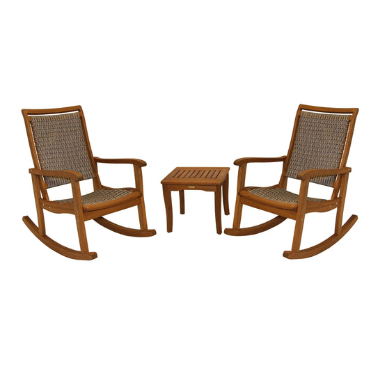 Ensemble de 3 chaises à bascule Eilaf en eucalyptus avec table d'appoint carrée